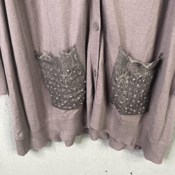 LOGO Lavish Cardigan Sweater Womens XL Taupe Longline Embellished Lace Pockets - Picture 10 of 16